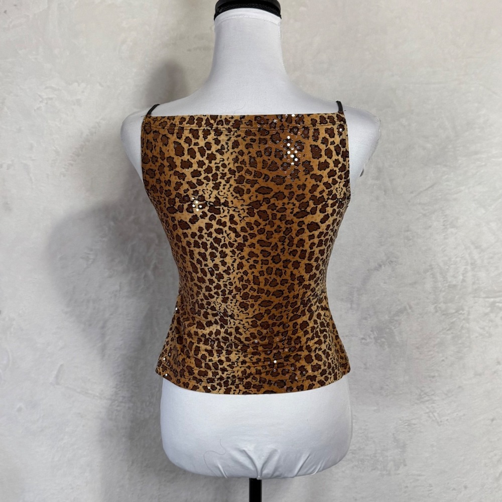 Y2K Leopard Print Crop Top Sequins M Fits S XS Fitted Cami‎ Mob Wife Glam Party - Picture 4 of 13